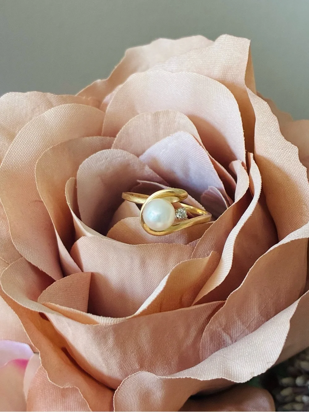 14K Plumb Gold Diamond Pearl Ring And 14K Gold Diamond Earrings, Vintage